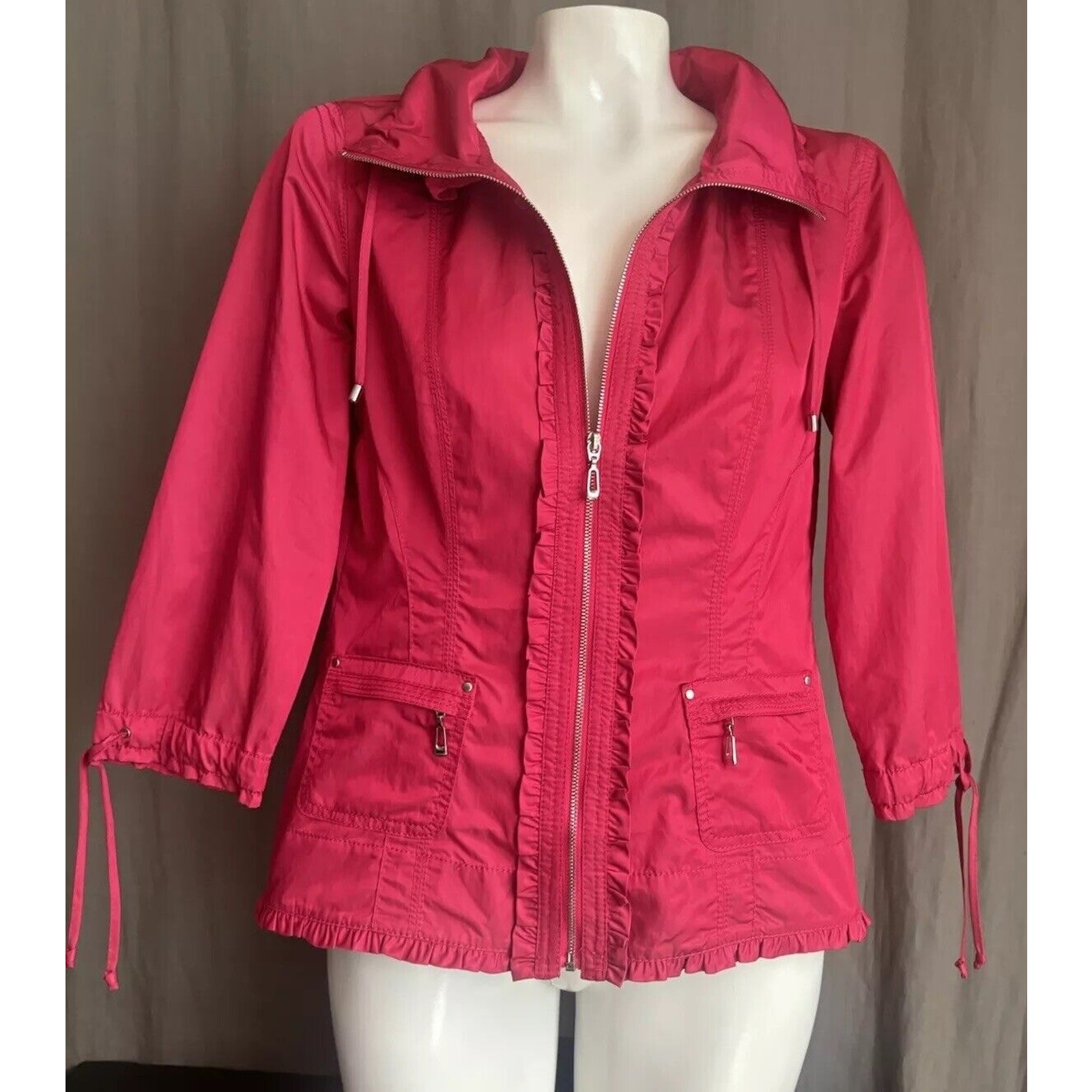 White House Black Market Jacket 3/4 Sleeve Satin Hot Pink Ruffle Trim Size 2